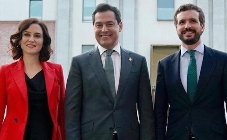 Isabel Díaz Ayuso, presidenta de la Comunidad de Madrid: Juanma Moreno Bonilla, presidente de Andalucía; y Pablo Casado, presidente del PP