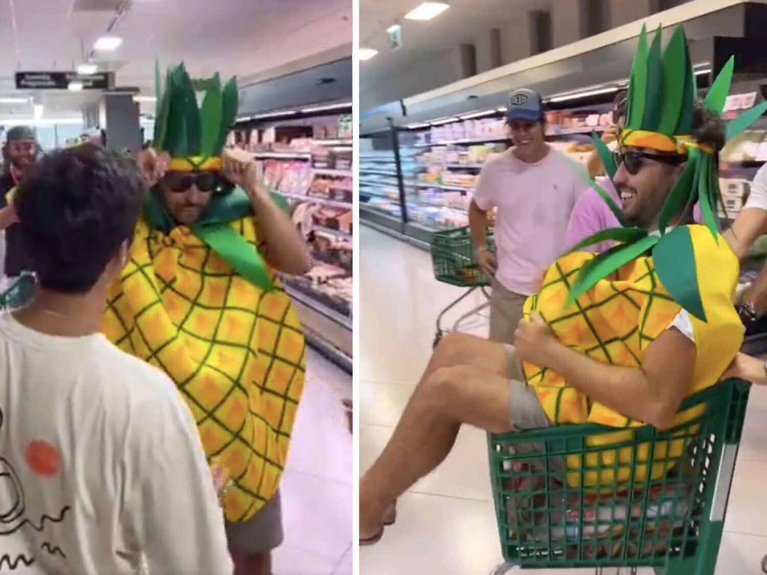 Un hombre celebra su despedida de soltero vestido de piña en pleno Mercadona