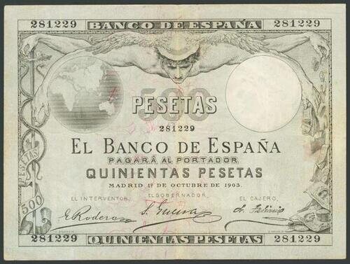 Billete de 1903, de 500 pesetas con el Dios Mercurio