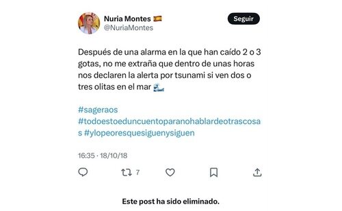 Post de Nuria Montes en el que se burla de las alertas por gota fría