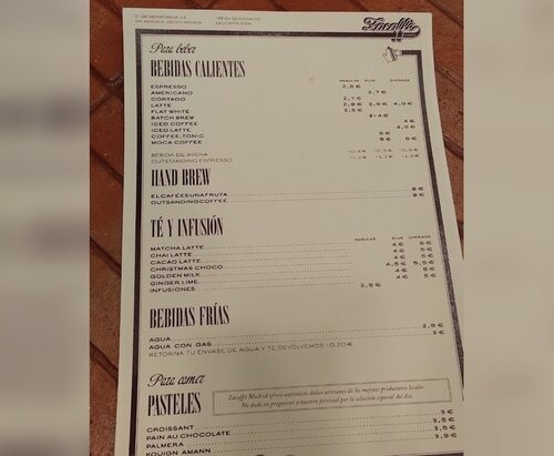 Carta de Zacaffé, las nuevas cafeterías de Zara