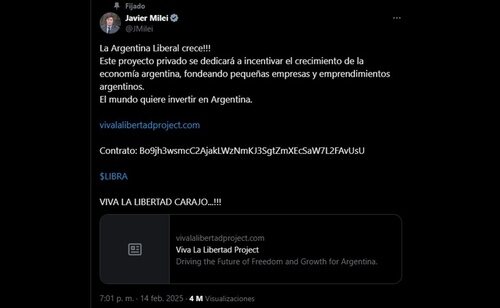 Tuit de Milei promocionando una criptomoneda fraudulenta