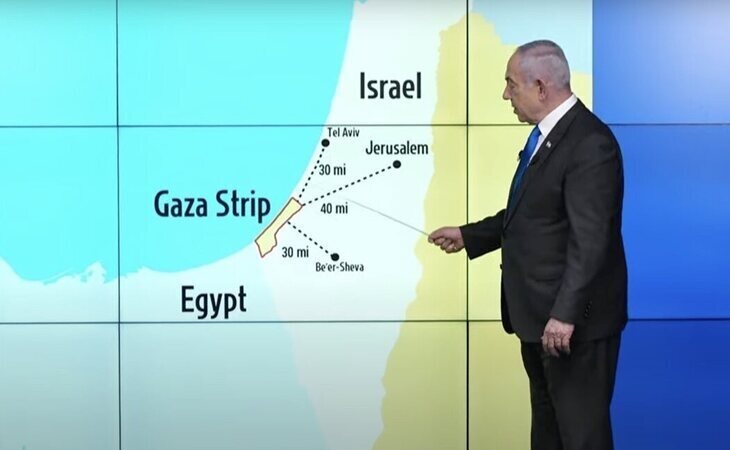 Netanyahu ofrece una rueda de prensa con un mapa que incluye Cisjordania como parte de Israel